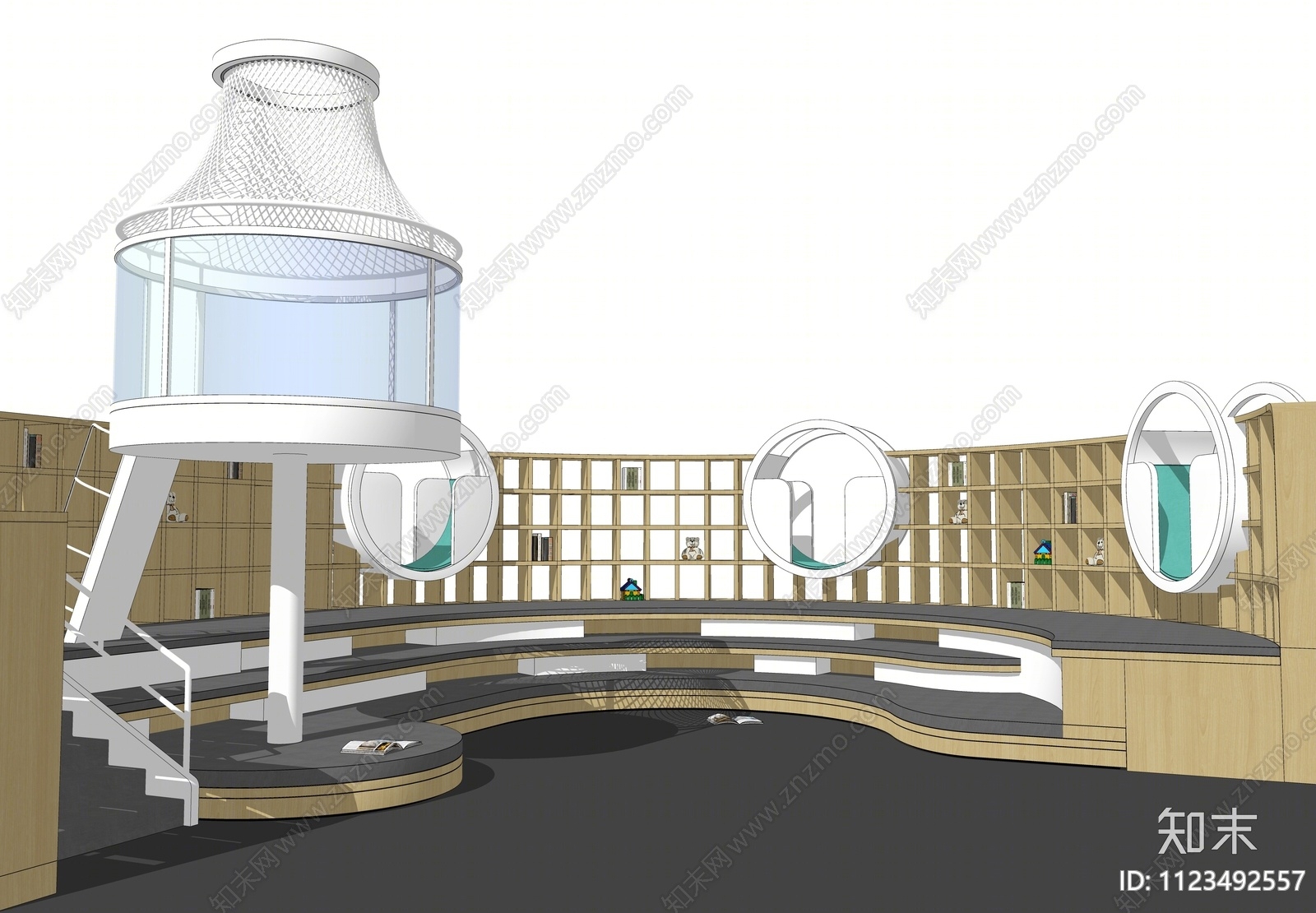 现代儿童娱乐区地台地阅读区图书馆SU模型下载【ID:1123492557】