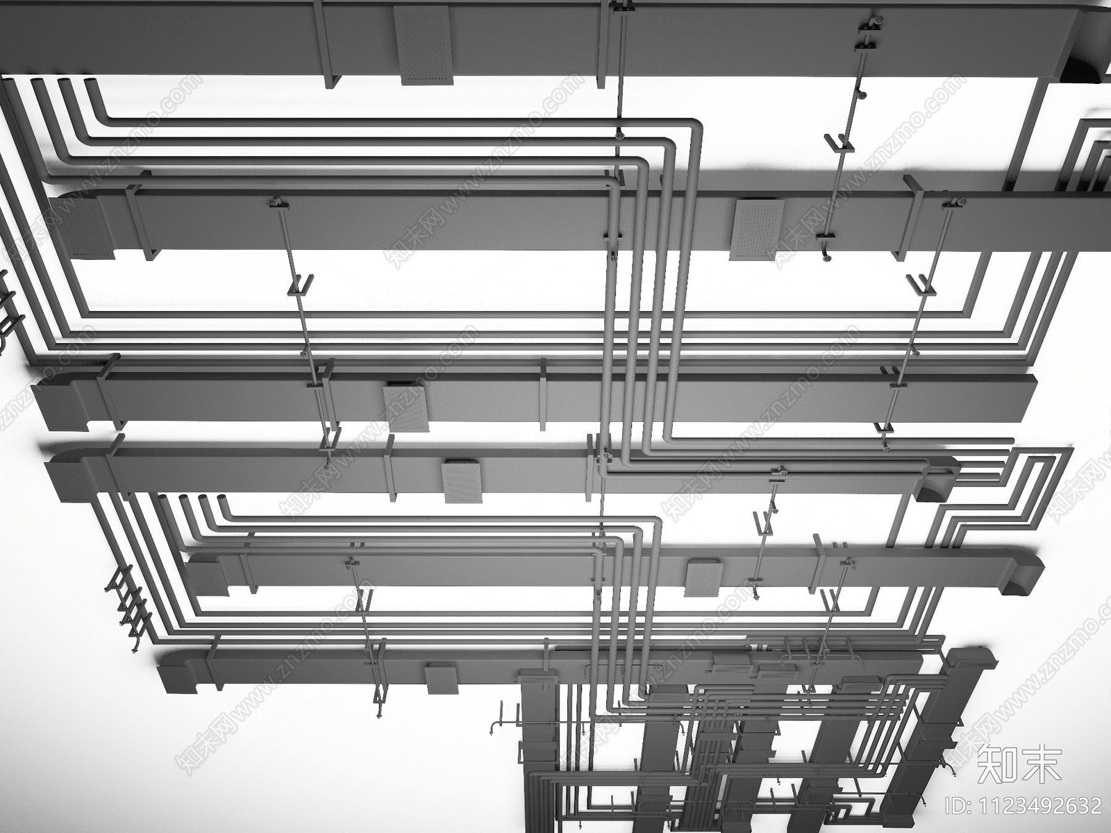 现代工业管道通风管道吊顶SU模型下载【ID:1123492632】