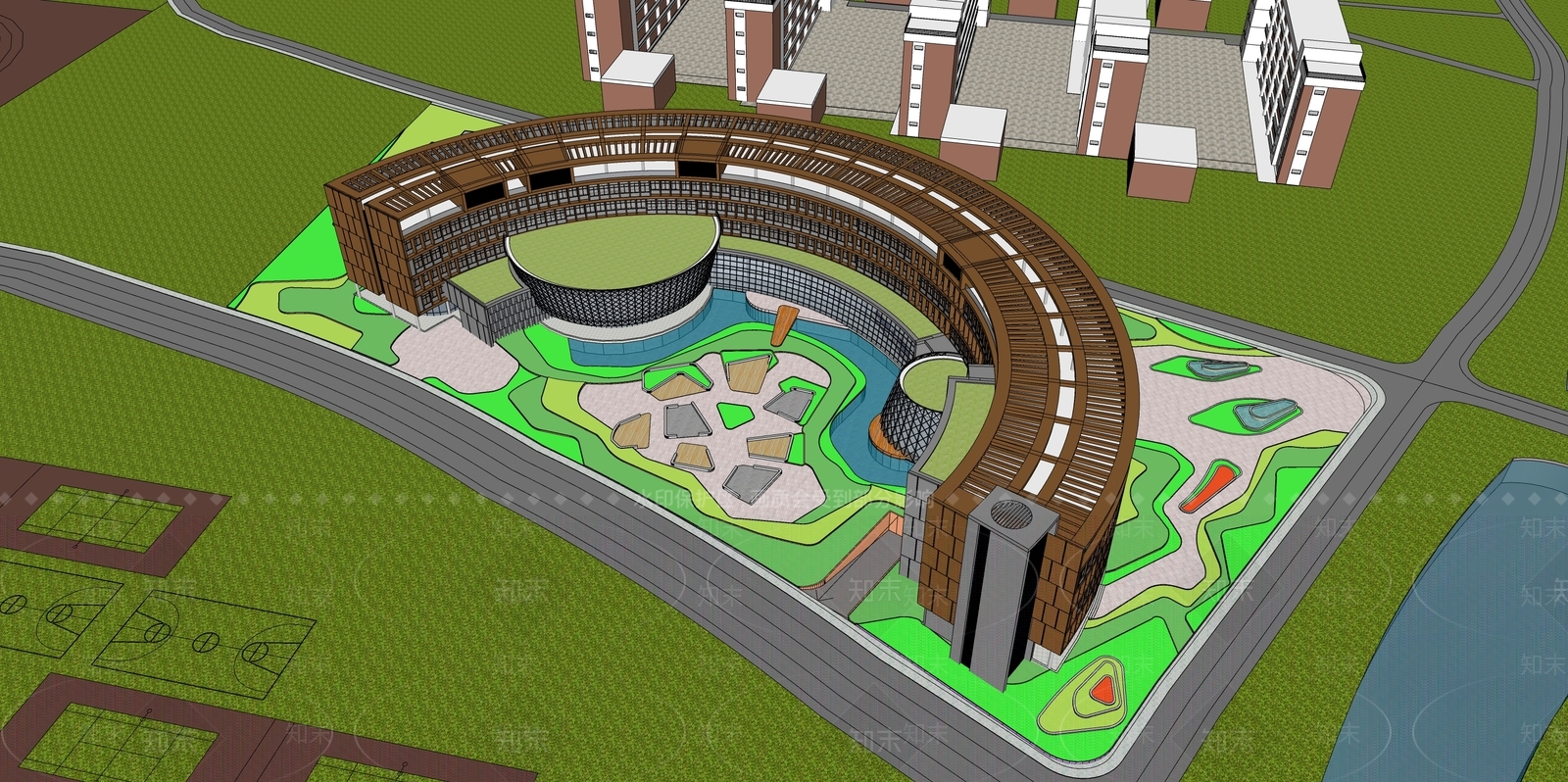 现代弧形教学楼展览馆建筑SU模型下载【ID:1123537016】