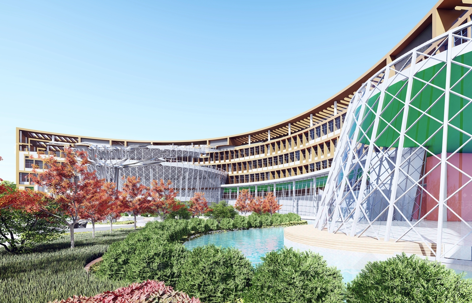 现代弧形教学楼展览馆建筑SU模型下载【ID:1123537016】