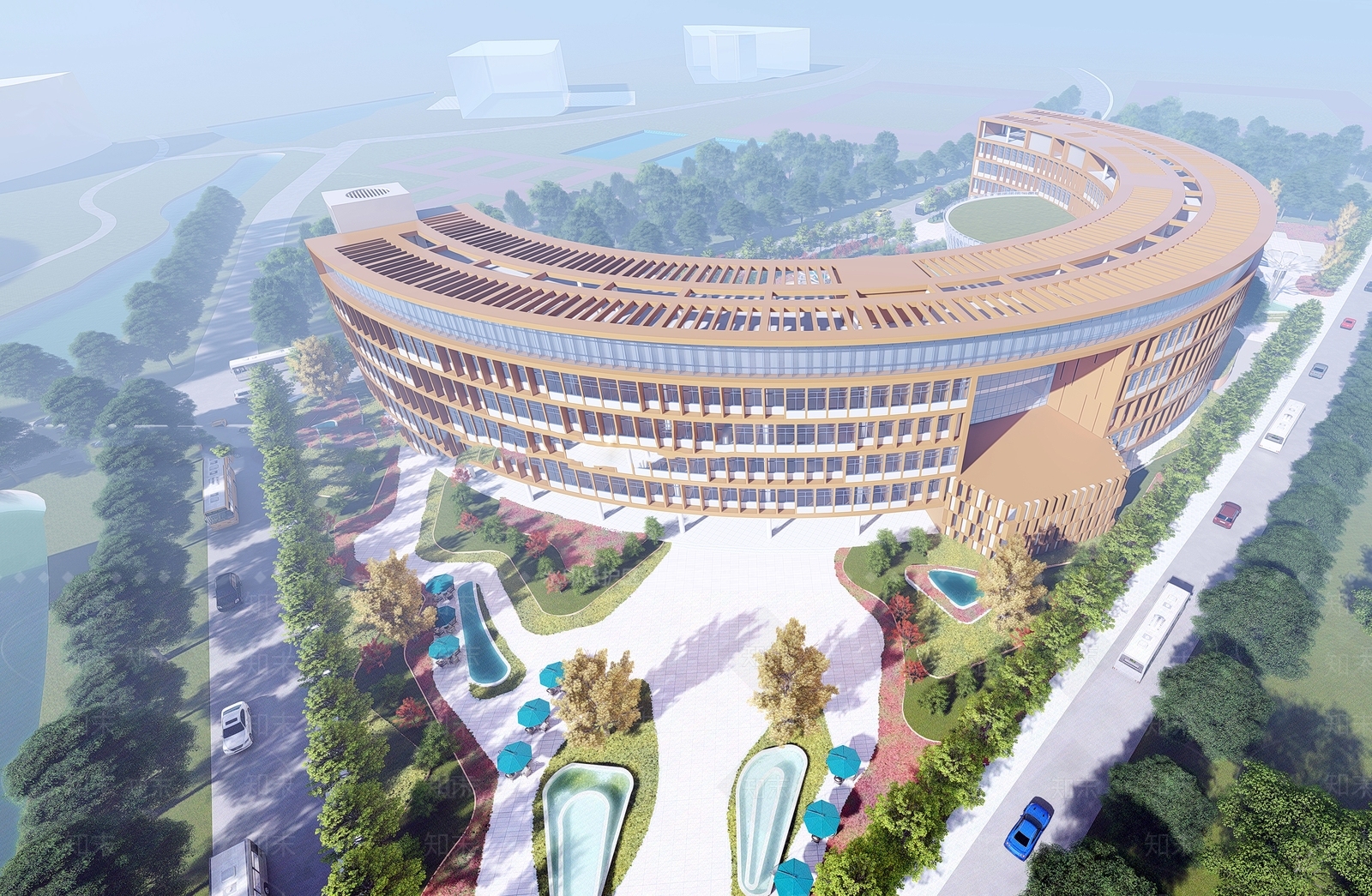 现代弧形教学楼展览馆建筑SU模型下载【ID:1123537016】