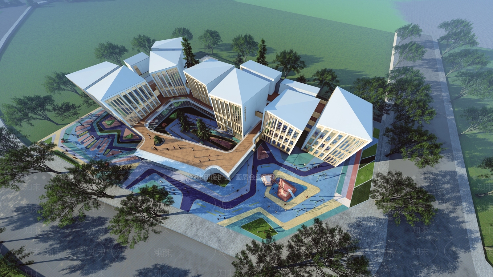 现代坡屋顶幼儿园SU模型下载【ID:1123547946】