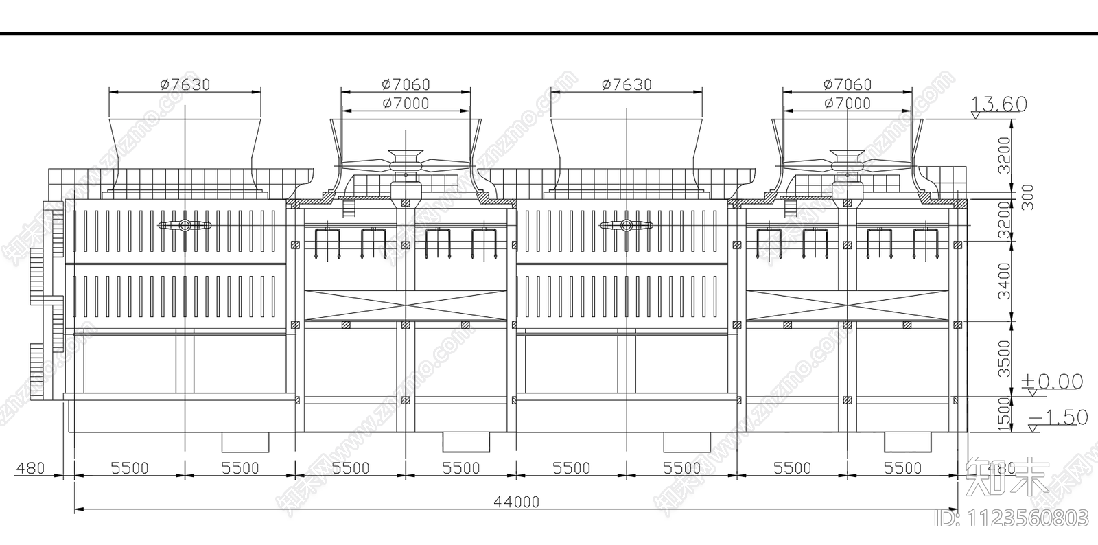逆流式冷却塔4乘2000吨冷却塔图组合图cad施工图下载【ID:1123560803】