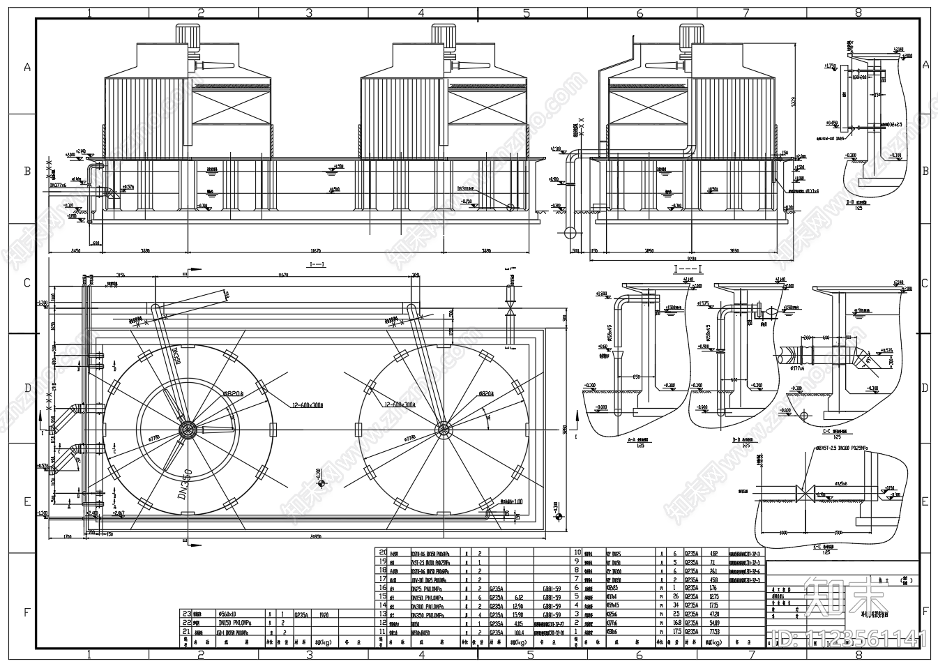 工业用冷却塔布置安装图cad施工图下载【ID:1123561141】