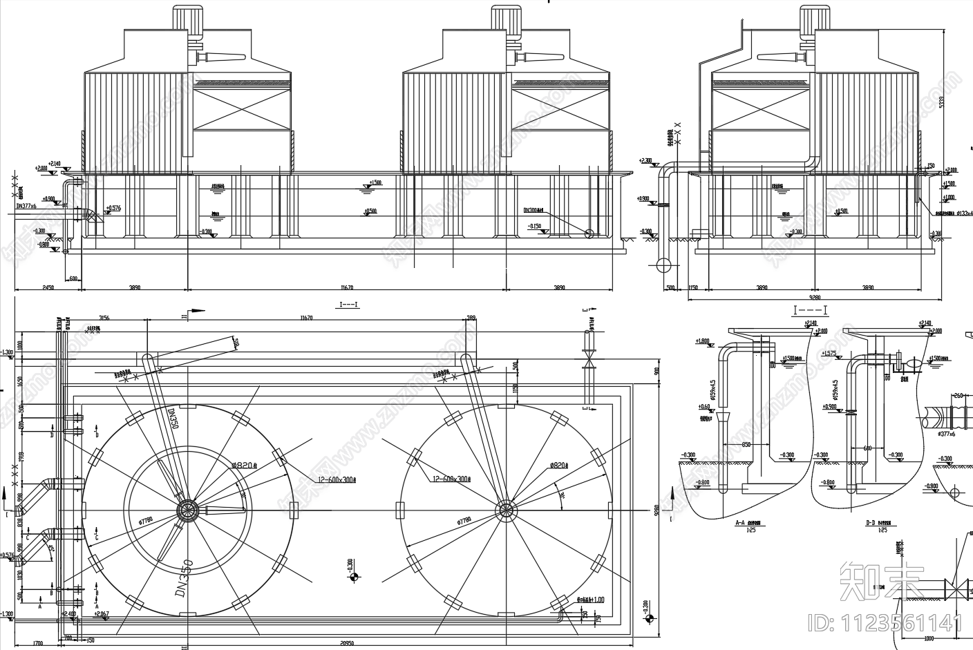 工业用冷却塔布置安装图cad施工图下载【ID:1123561141】
