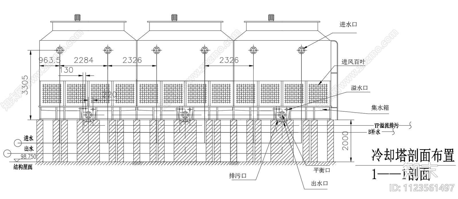 冷却塔平面剖面布置图cad施工图下载【ID:1123561497】