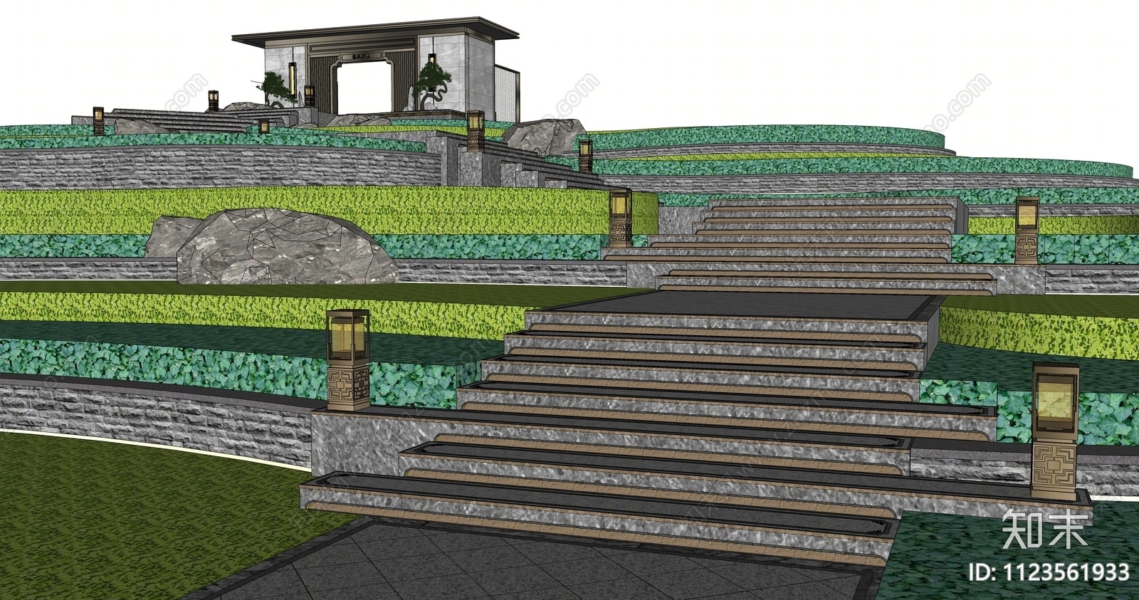 新中式台阶地形SU模型下载【ID:1123561933】