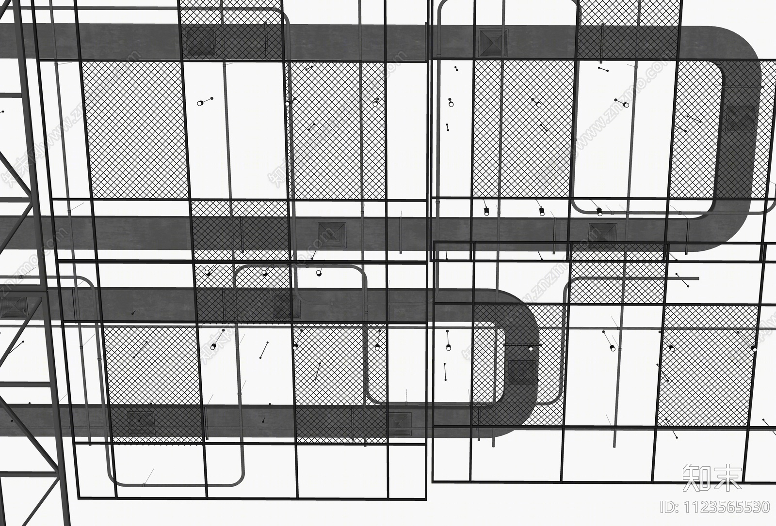 现代工业管道通风管道吊顶SU模型下载【ID:1123565530】