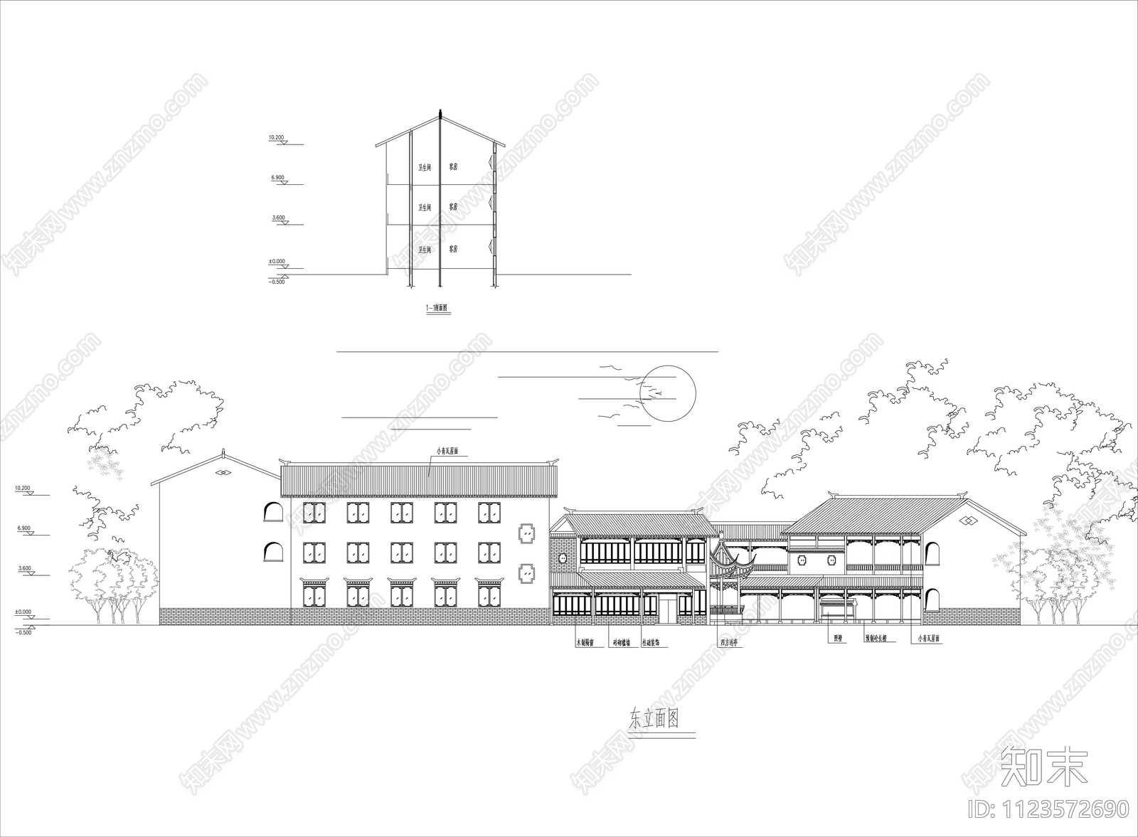 新中式客栈建筑cad施工图下载【ID:1123572690】