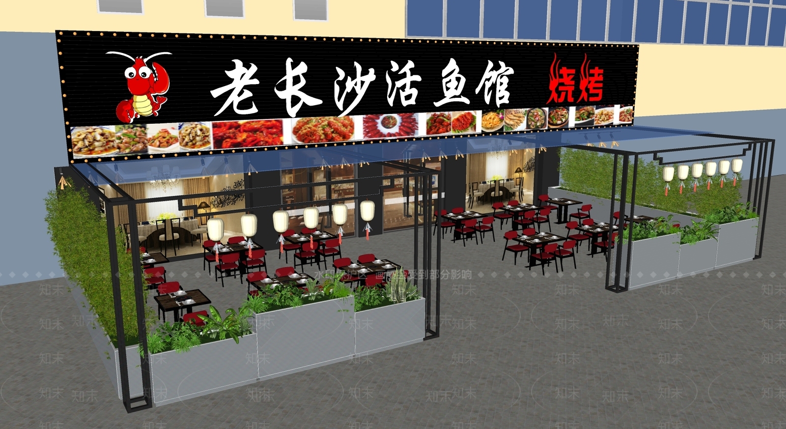 新中式餐厅外摆SU模型下载【ID:1123588415】