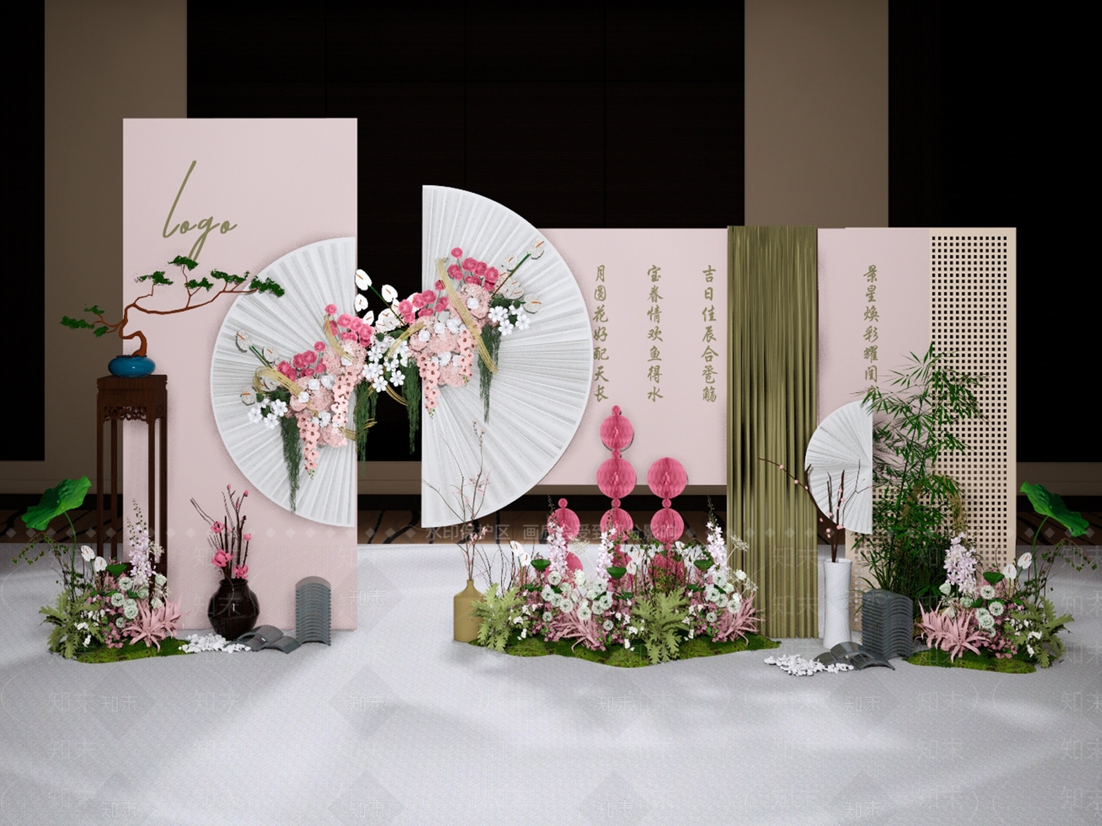 新中式粉色订婚宴美陈SU模型下载【ID:1123608876】_知末su模型网