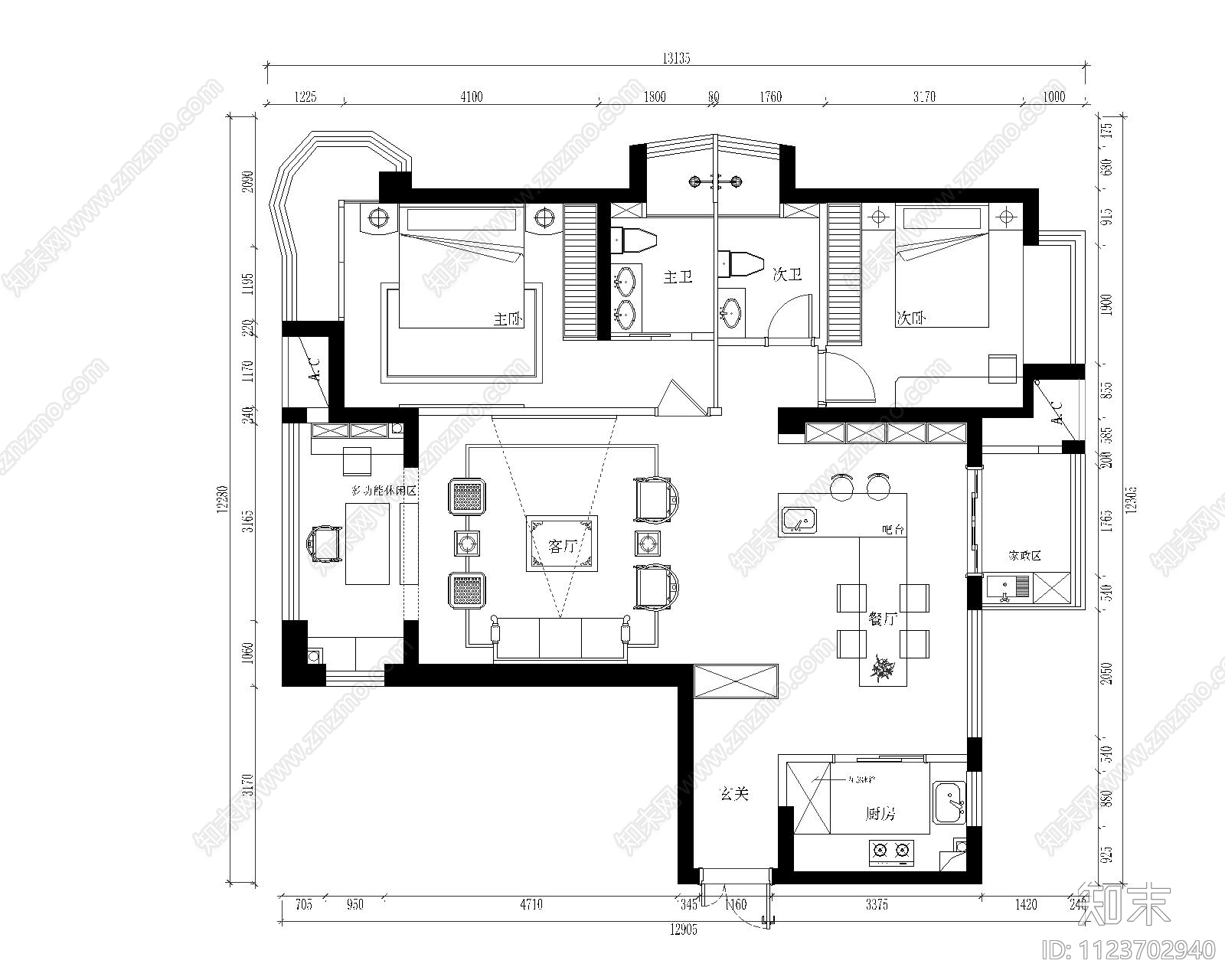 现代家装空间cad施工图下载【ID:1123702940】