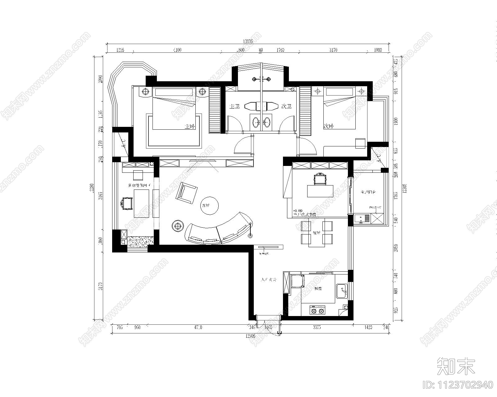 现代家装空间cad施工图下载【ID:1123702940】