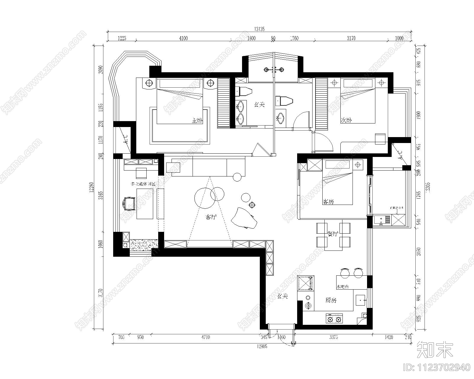 现代家装空间cad施工图下载【ID:1123702940】