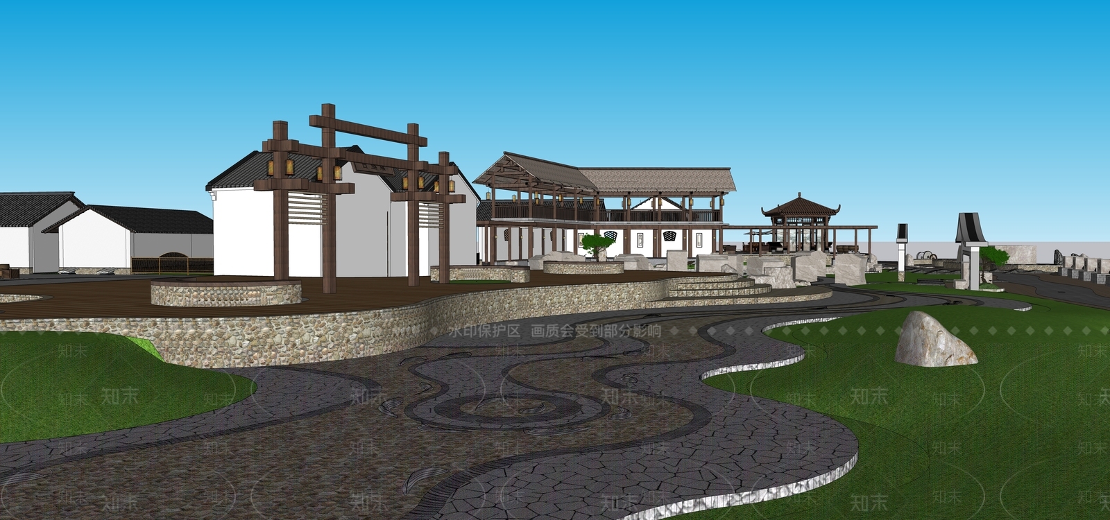 新中式休闲广场SU模型下载【ID:1123621093】