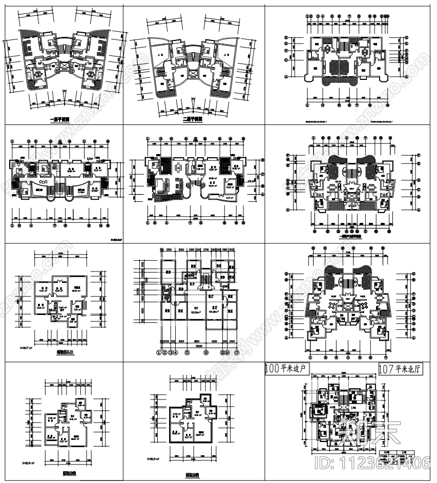 百种住宅户型平面图施工图下载【ID:1123621406】