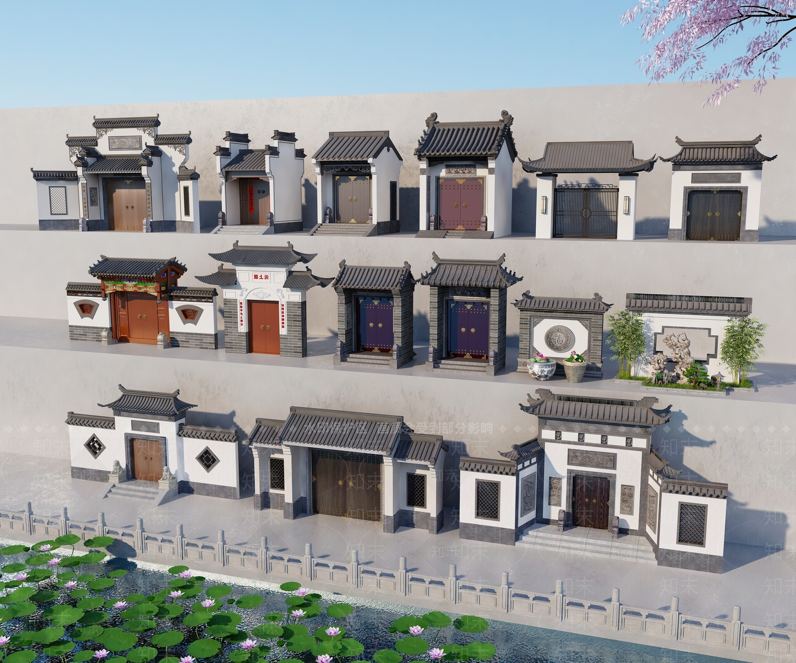 新中式入口大门3D模型下载【ID:1123624686】
