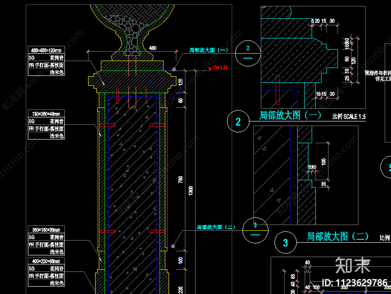 欧式花钵立柱铁艺栏杆cad施工图下载【ID:1123629786】