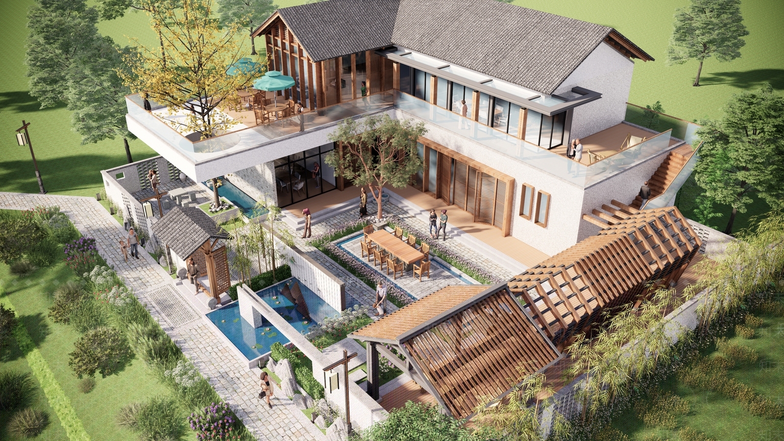 新中式乡村自建独栋别墅民宿院落SU模型下载【ID:1123634836】