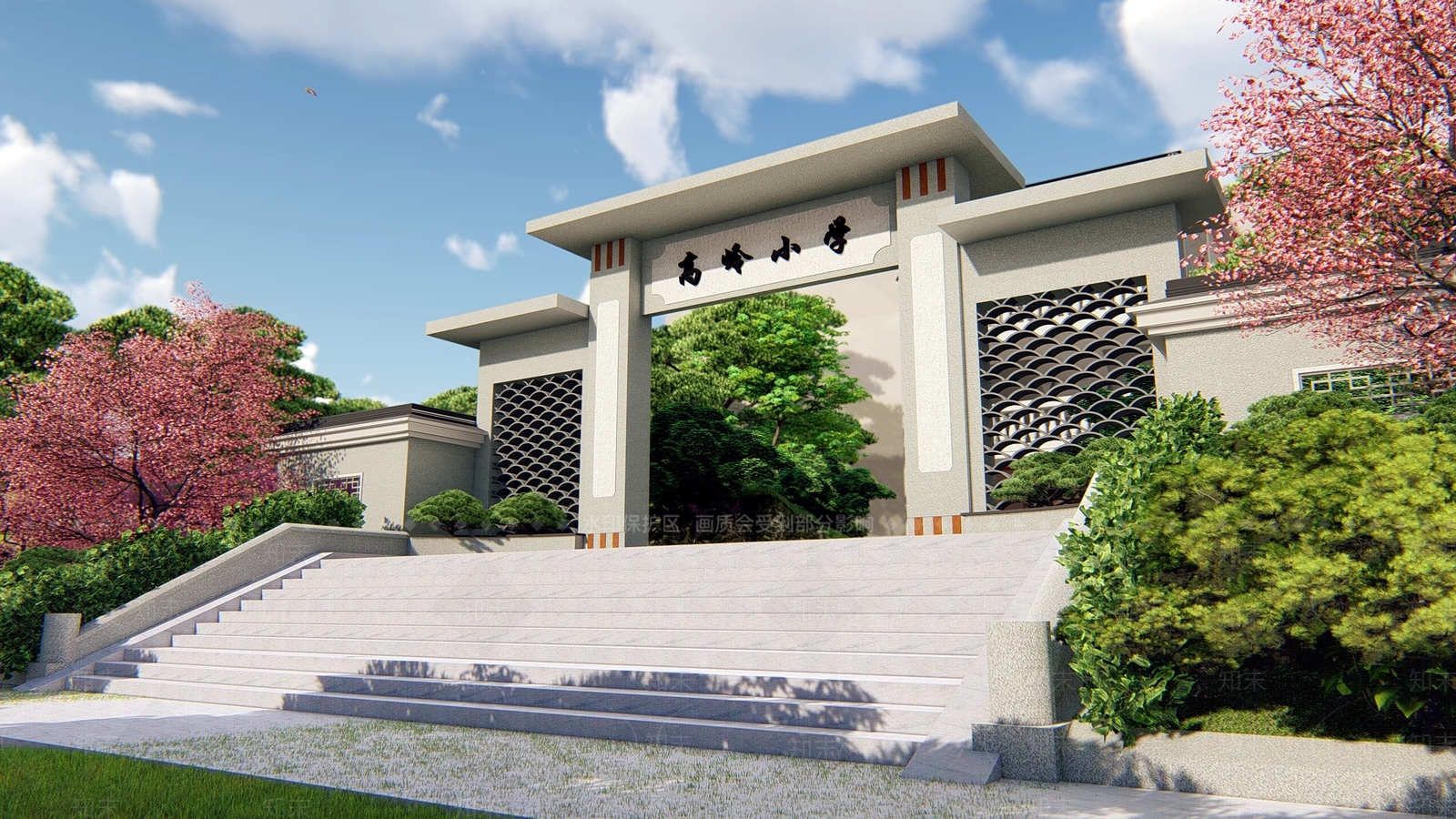 新中式学校入口大门SU模型下载【ID:1123643835】