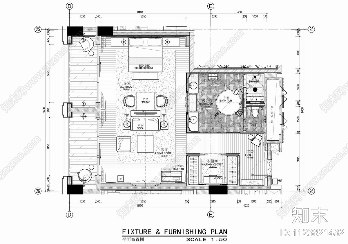 100㎡酒店客房套房大床房CAD施工图施工图下载【ID:1123821432】