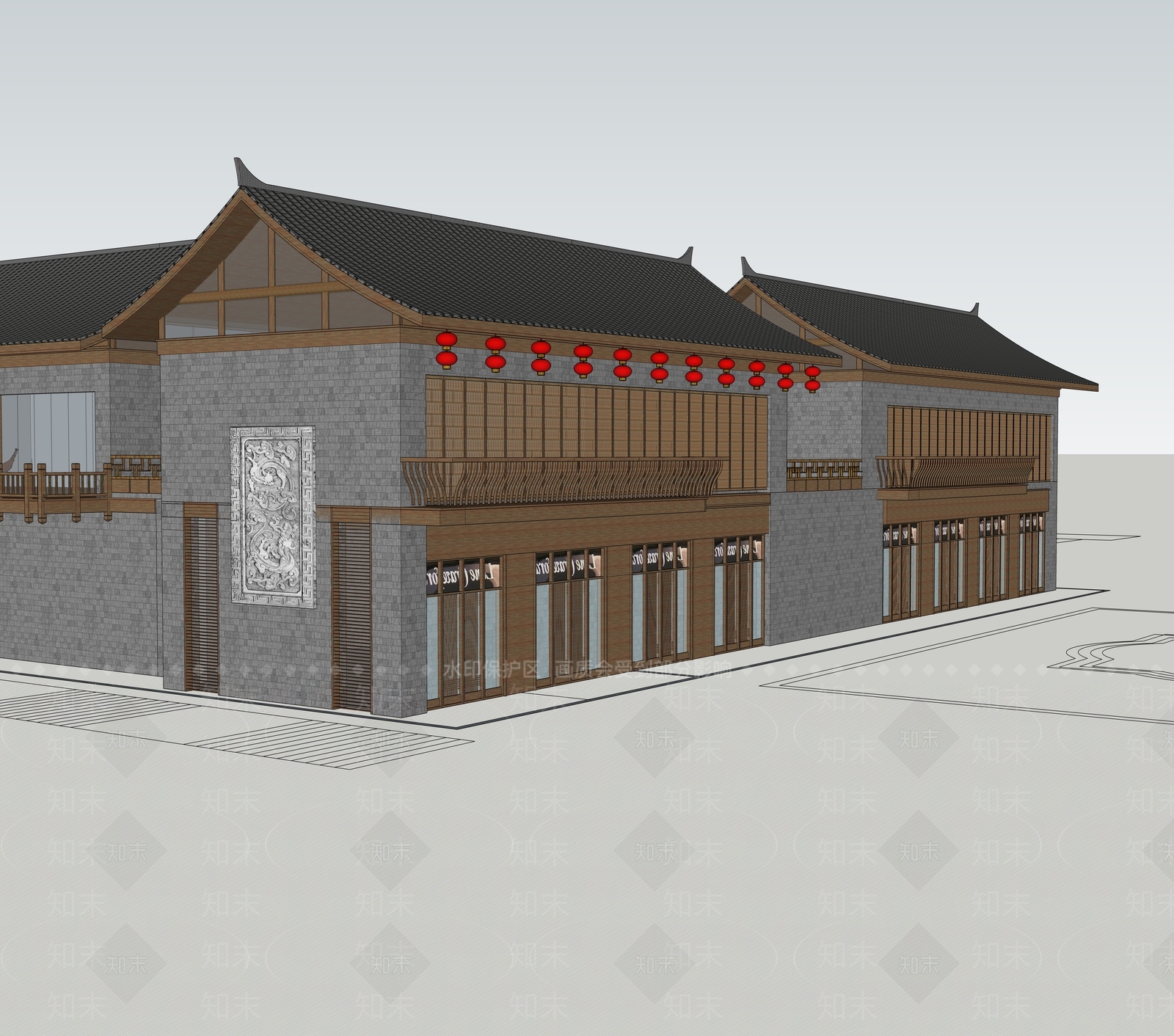 新中式太古里商业街SU模型下载【ID:1123672714】