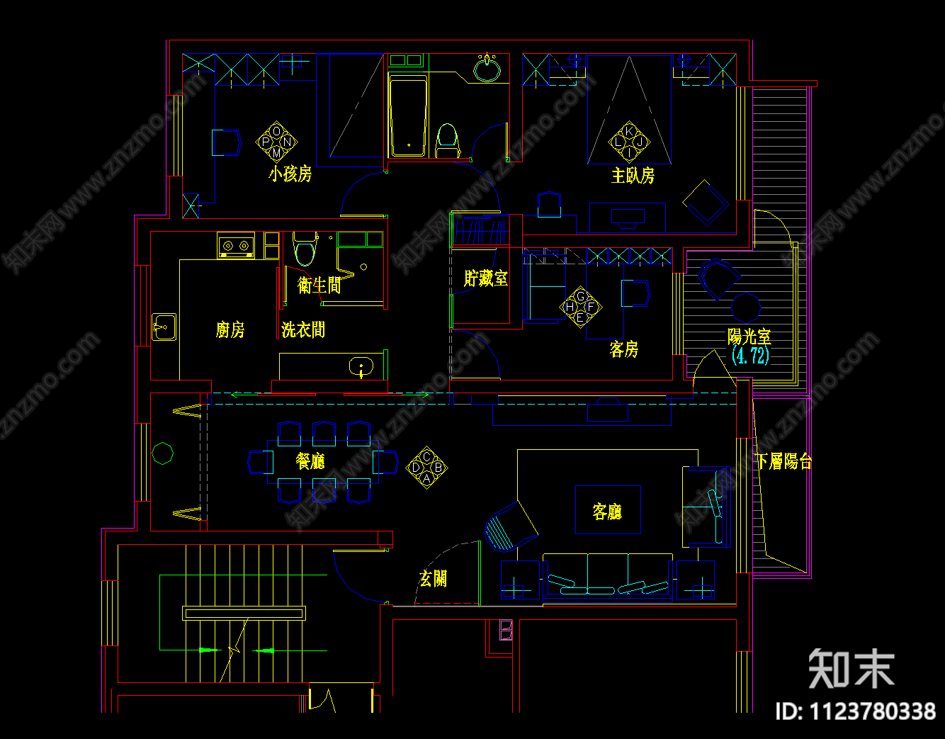 现代风格家装空间cad施工图下载【ID:1123780338】