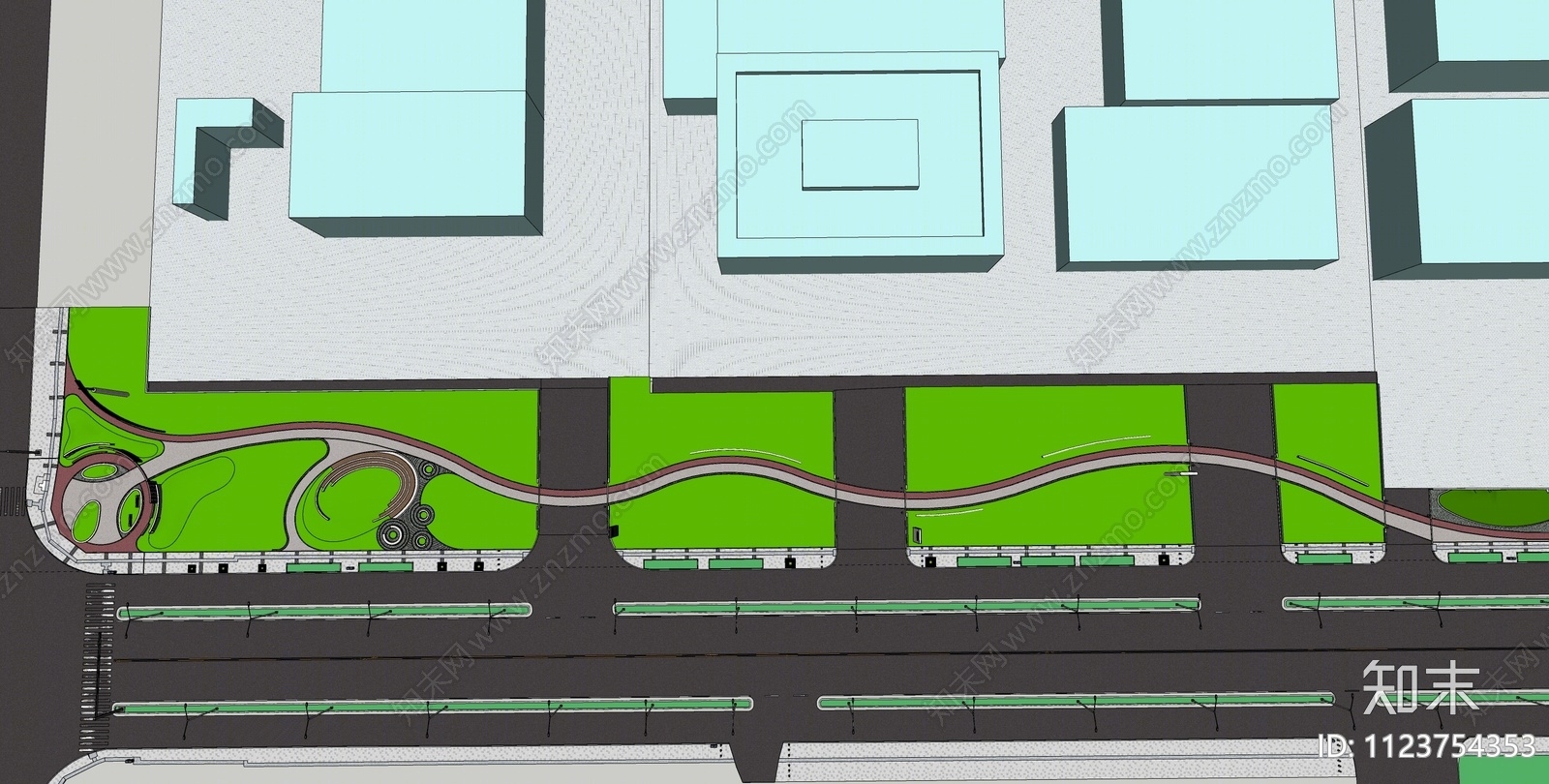 现代流线街头绿地线性公园景观SU模型下载【ID:1123754353】