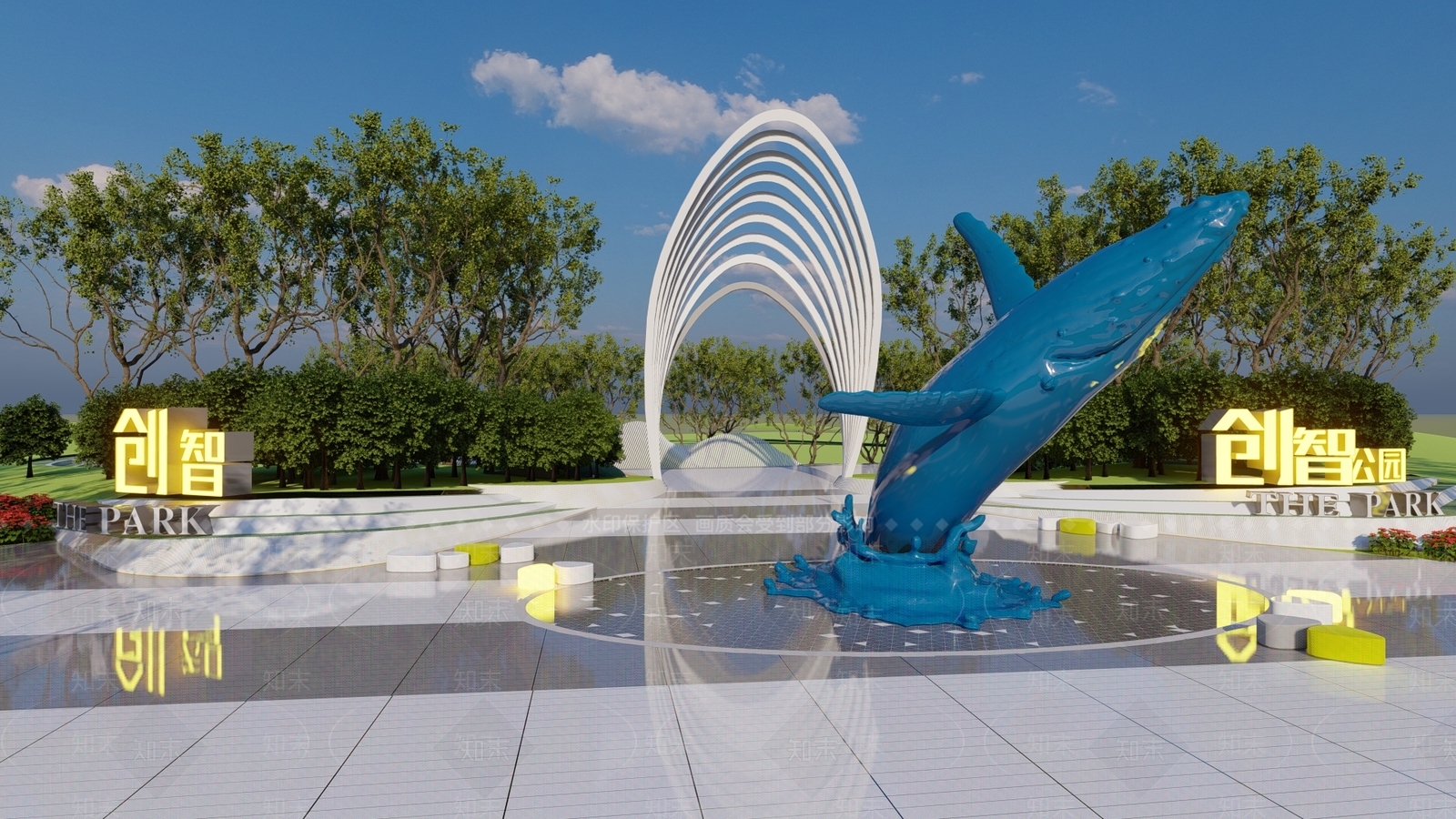 现代市政转角公园鲸鱼雕塑小品SU模型下载【ID:1123806306】