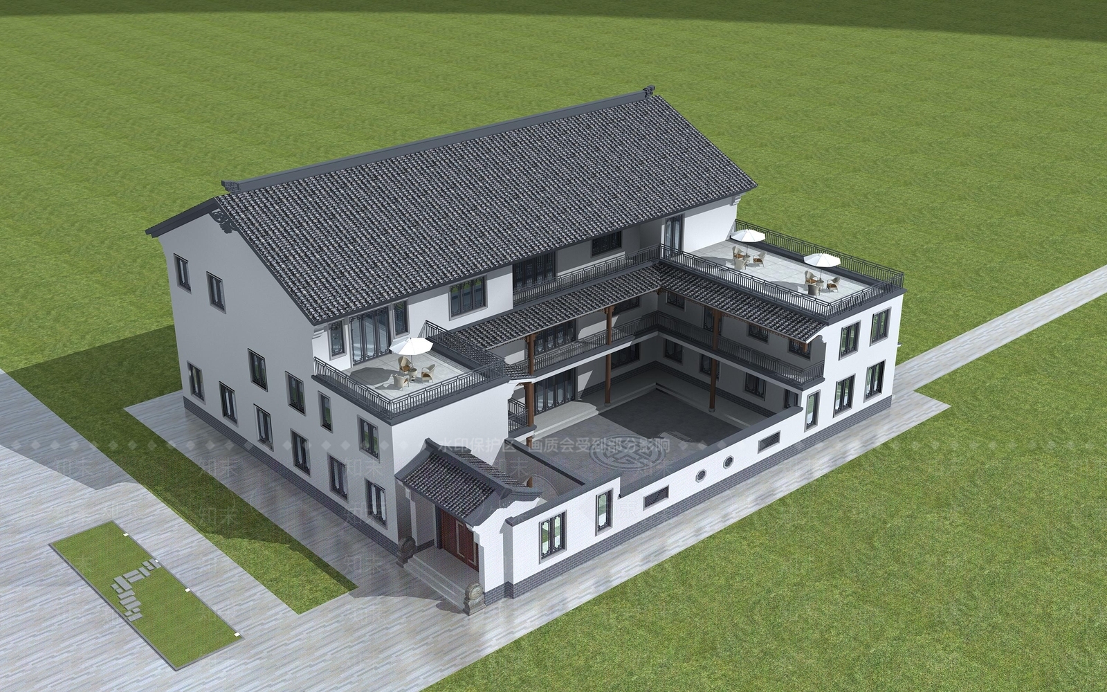 中式独栋别墅3D模型下载【ID:1123864792】