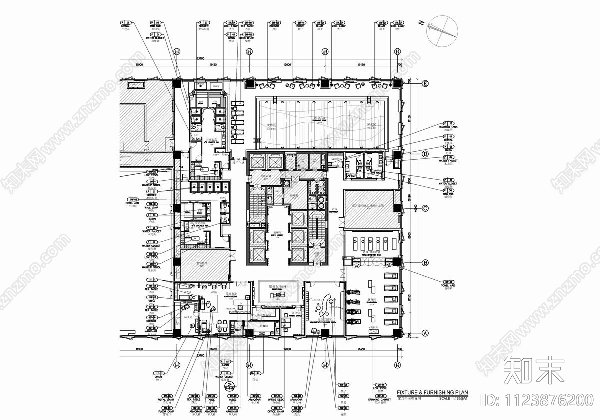 游泳美容SPA健身休闲会所cad施工图下载【ID:1123876200】