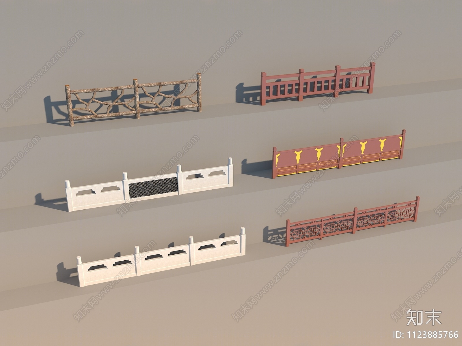 中式汉白玉栏杆3D模型下载【ID:1123885766】