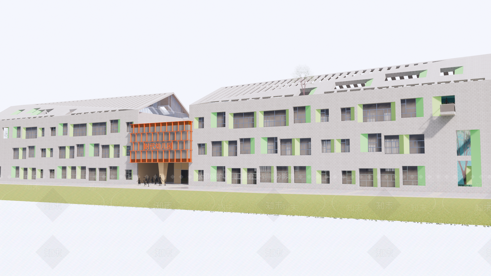 现代坡屋顶彩色幼儿园SU模型下载【ID:1123916202】