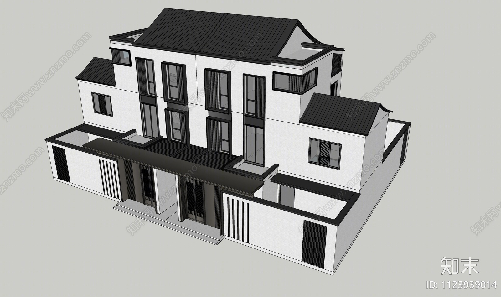 新中式双拼别墅SU模型下载【ID:1123939014】