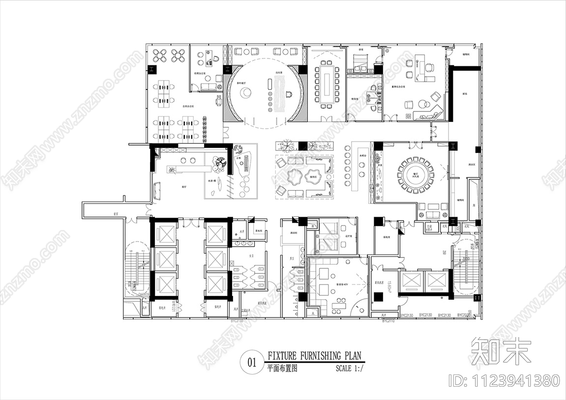 1200㎡私人会所平面图cad施工图下载【ID:1123941380】