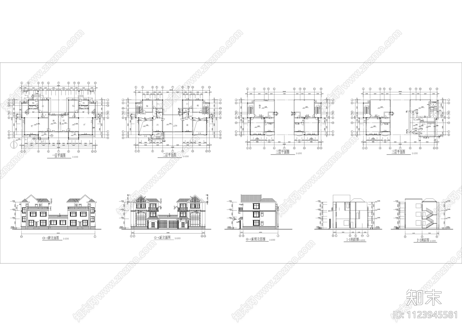 3层农村自建房别墅建筑cad施工图下载【ID:1123945581】