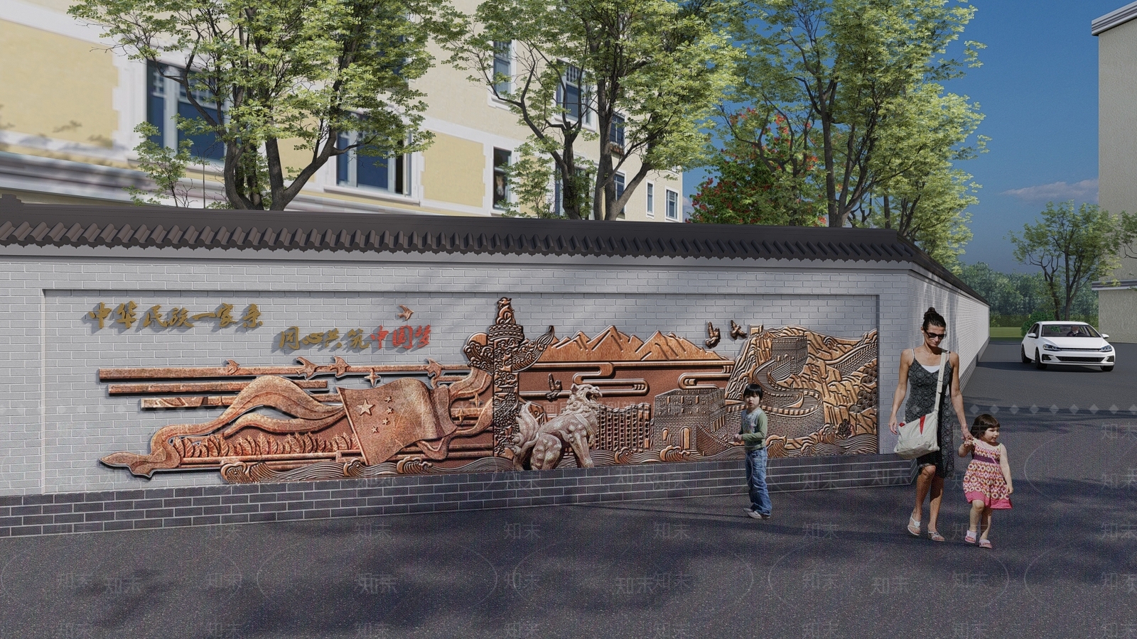 新中式学校文化浮雕围墙SU模型下载【ID:1124015918】