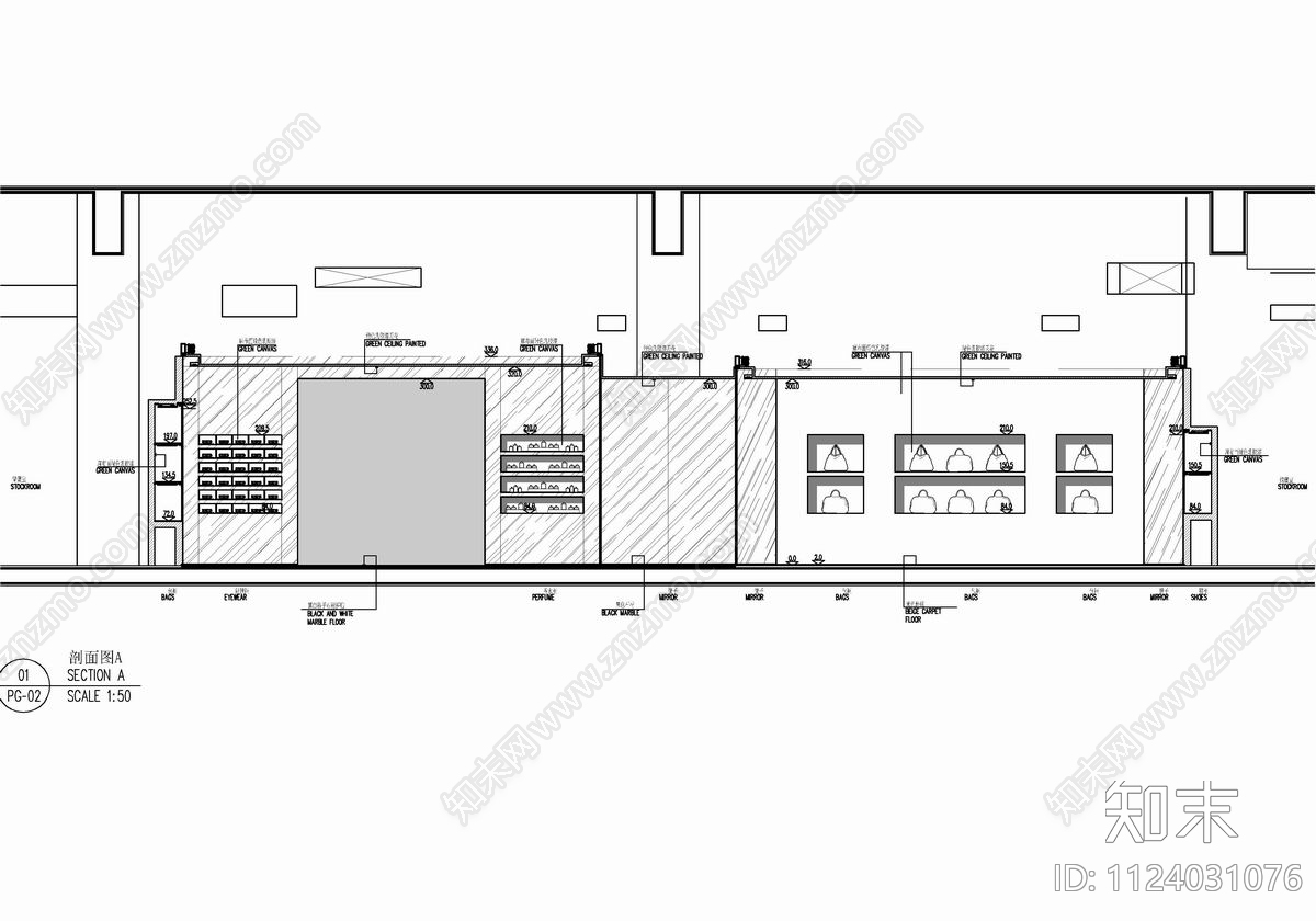 1000㎡奢侈品专卖店cad施工图下载【ID:1124031076】