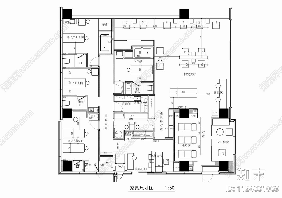 200㎡美容SPA理发店施工图下载【ID:1124031069】