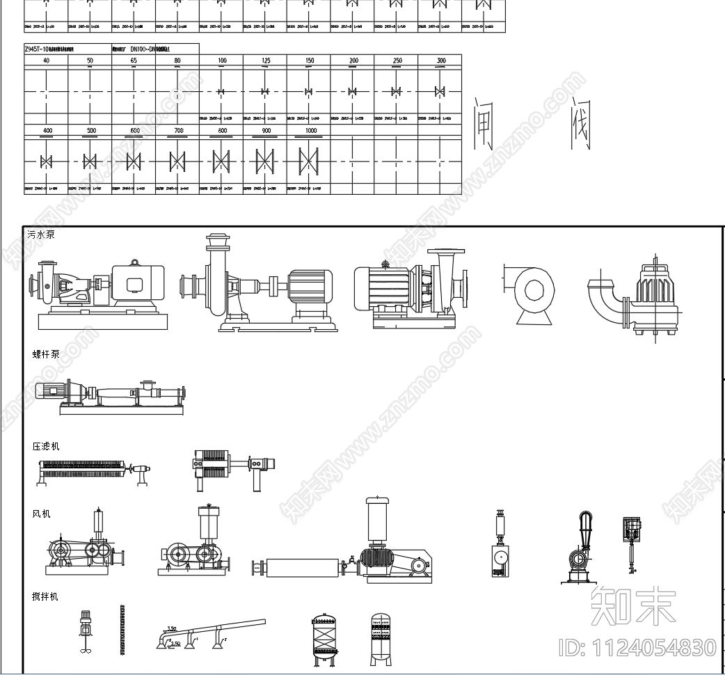 弯头三通阀门闸阀蝶阀止回阀风机压滤机图块图例cad施工图下载【ID:1124054830】