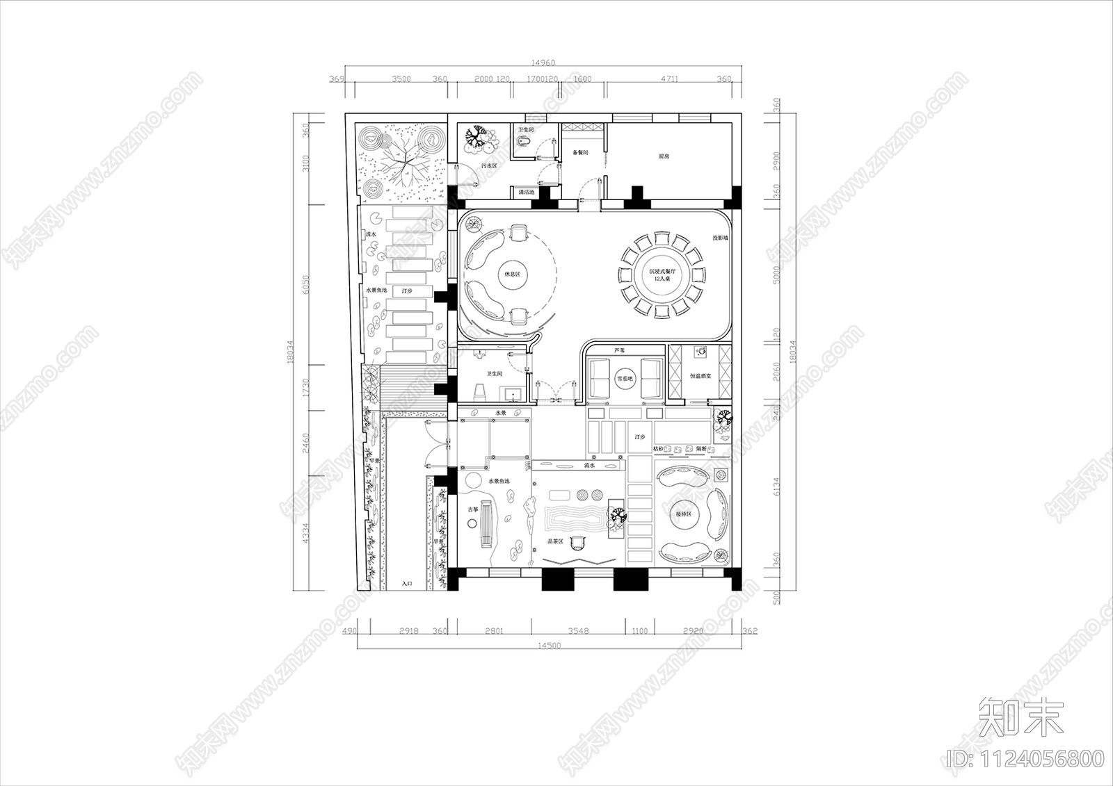 新中式500㎡私人会所平面图cad施工图下载【ID:1124056800】