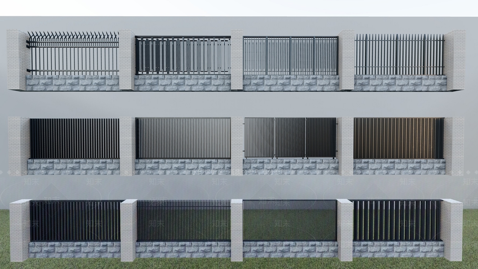 现代铁艺格栅栏杆围墙SU模型下载【ID:1124075592】