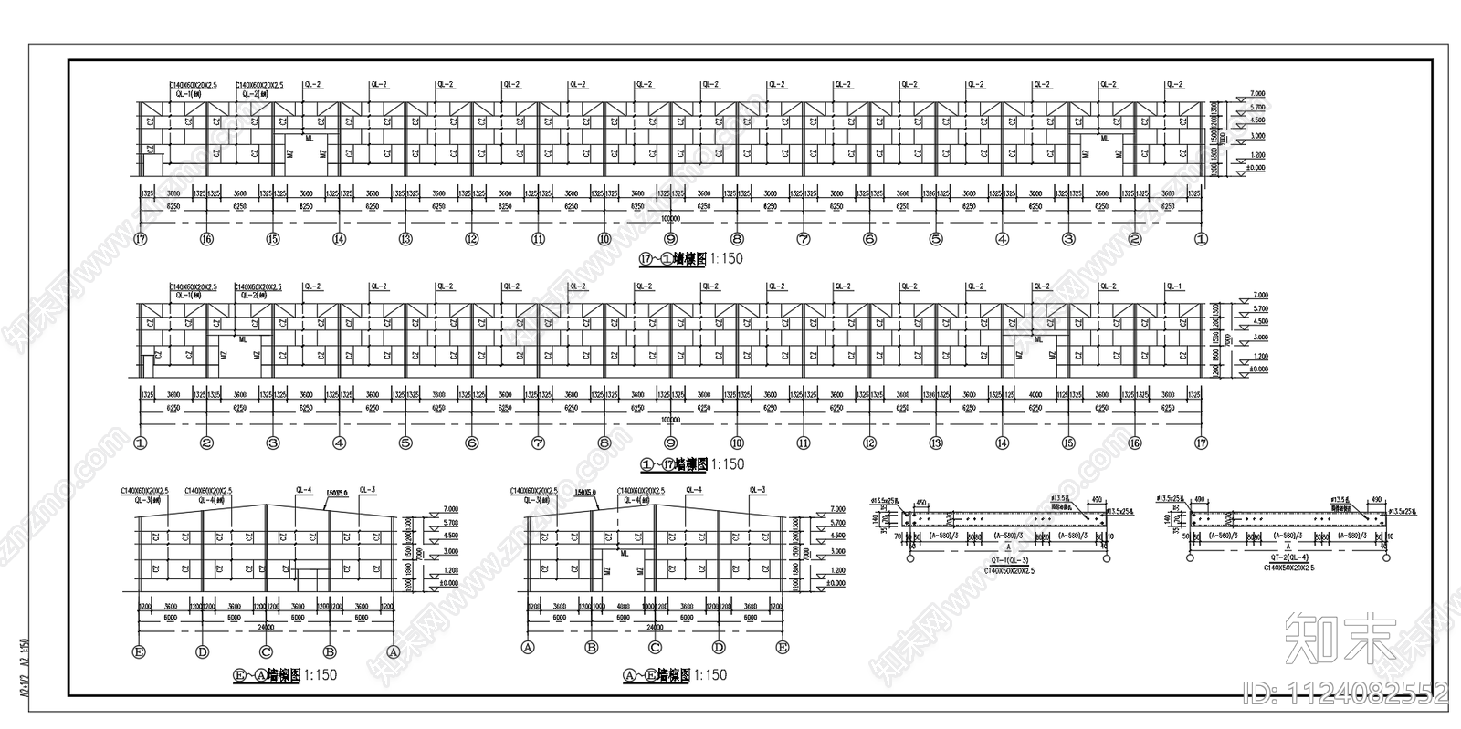 24米跨带气窗轻钢厂房施工图下载【ID:1124082552】