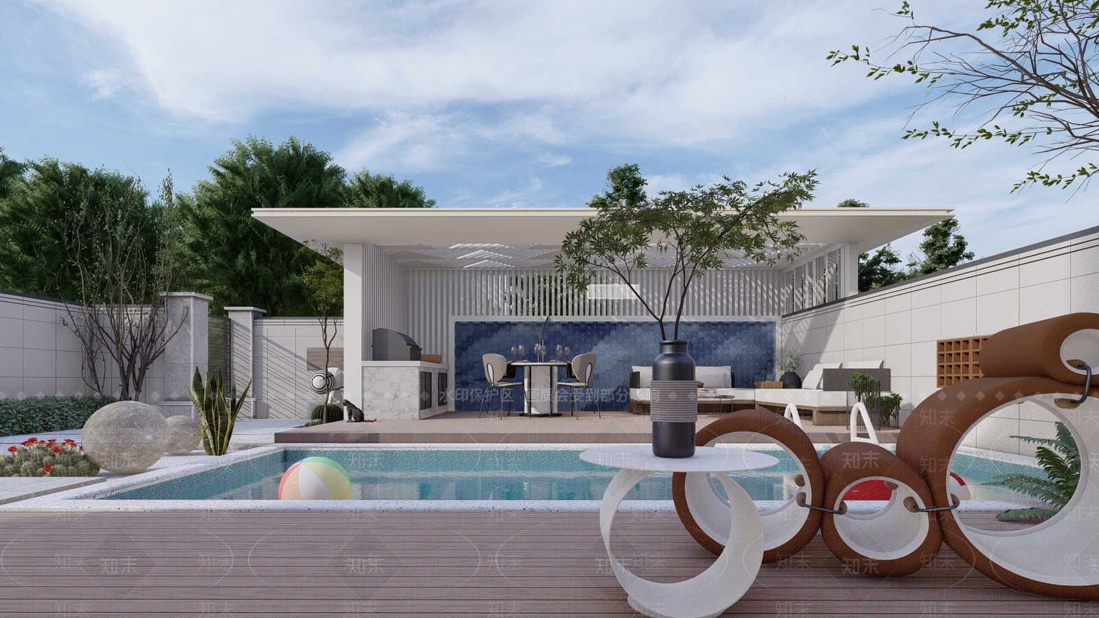 现代泳池庭院花园SU模型下载【ID:1124091150】