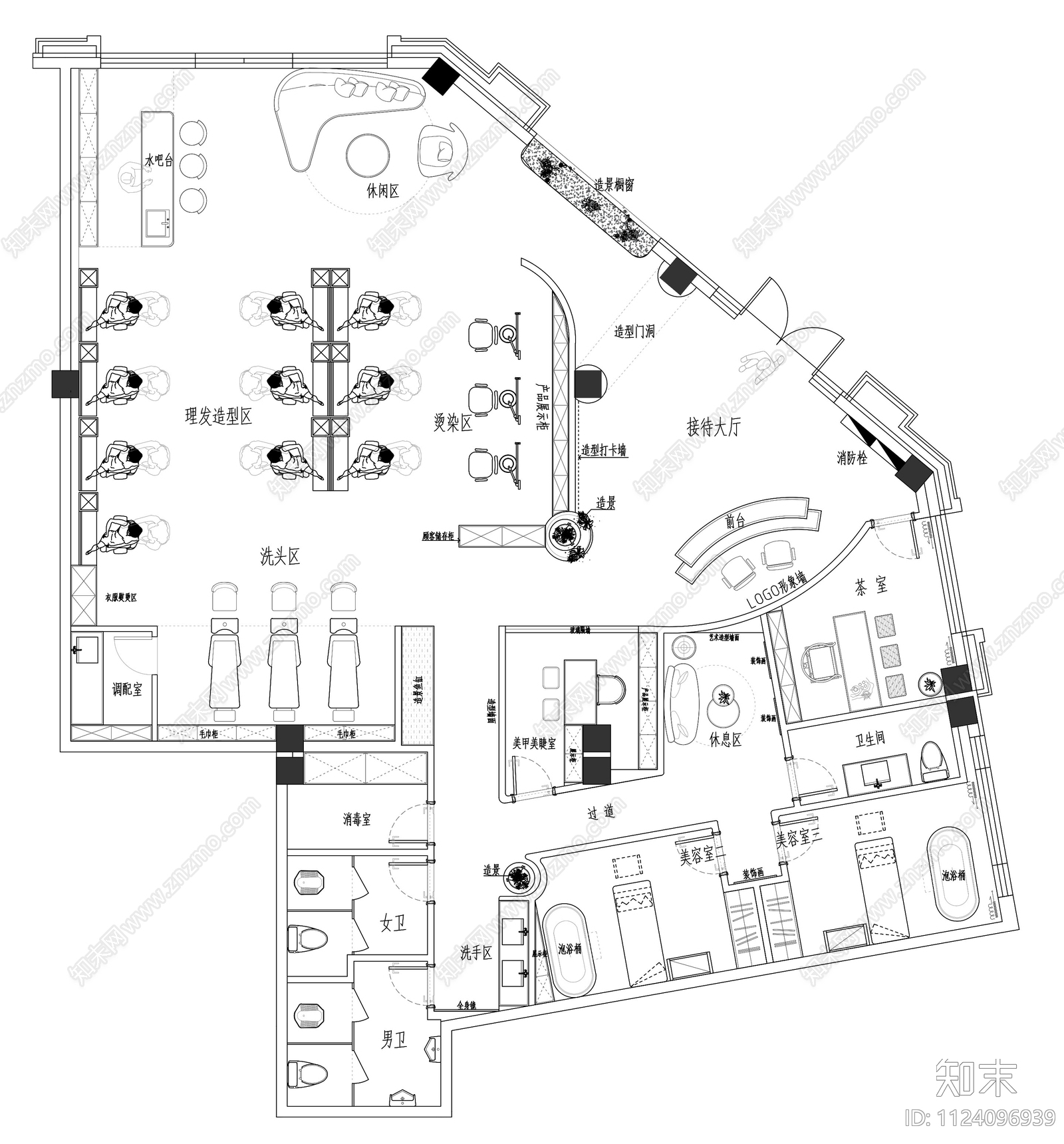 现代风格美容美发店cad施工图下载【ID:1124096939】