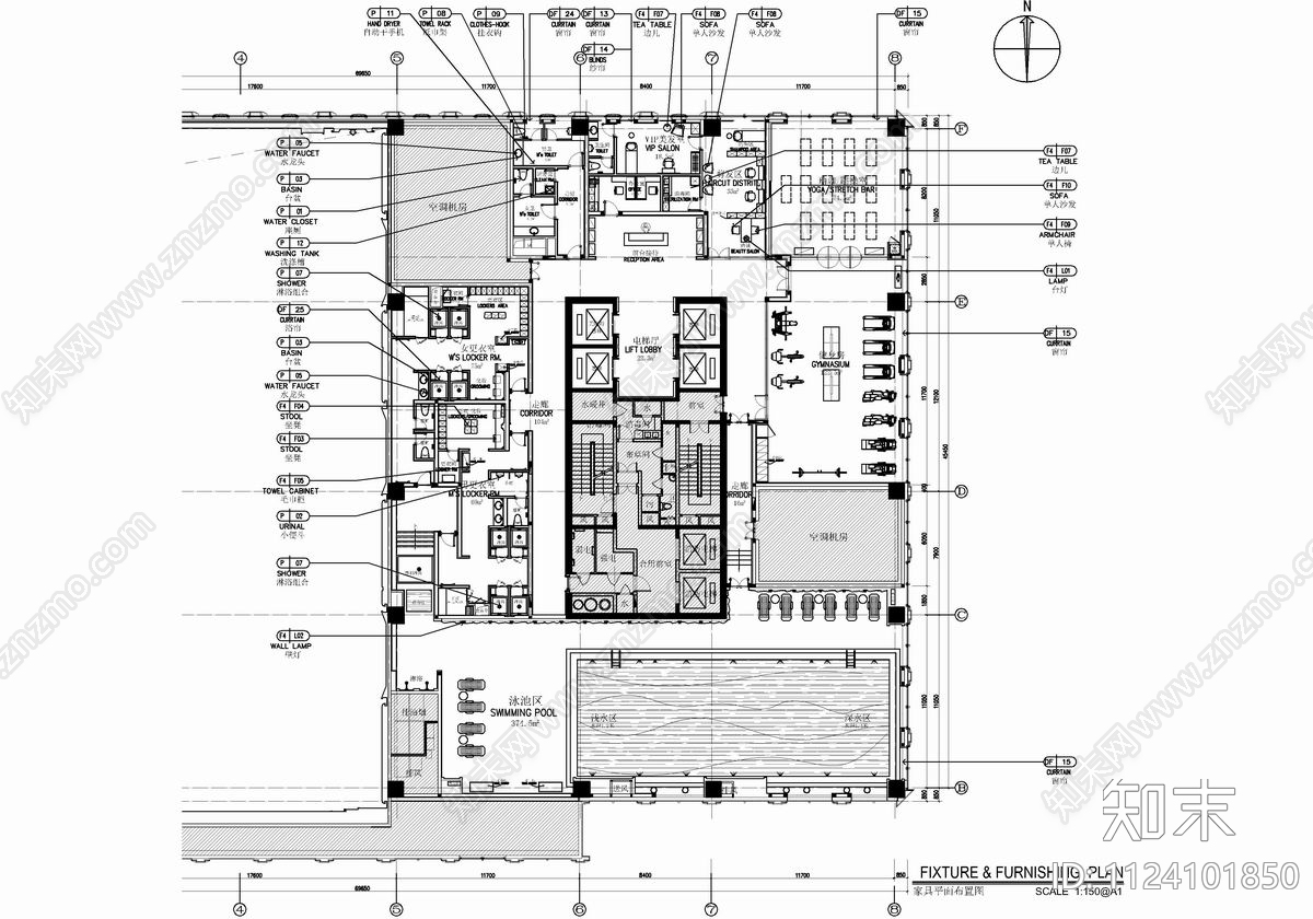 1500㎡游泳池健身SPA康体中心cad施工图下载【ID:1124101850】