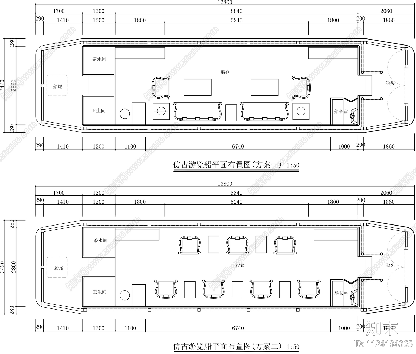 仿古游览船平面图cad施工图下载【ID:1124134365】