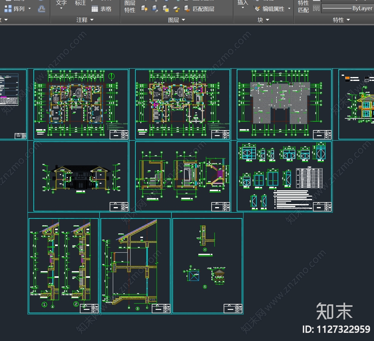 二层自建房别墅建筑设计cad施工图下载【ID:1127322959】