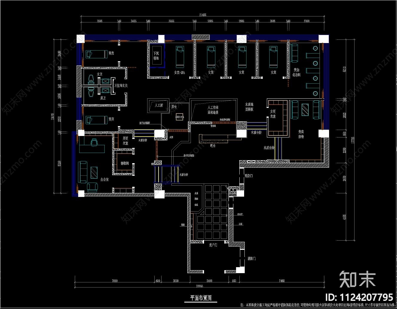 新中式SPA桑拿会所cad施工图下载【ID:1124207795】
