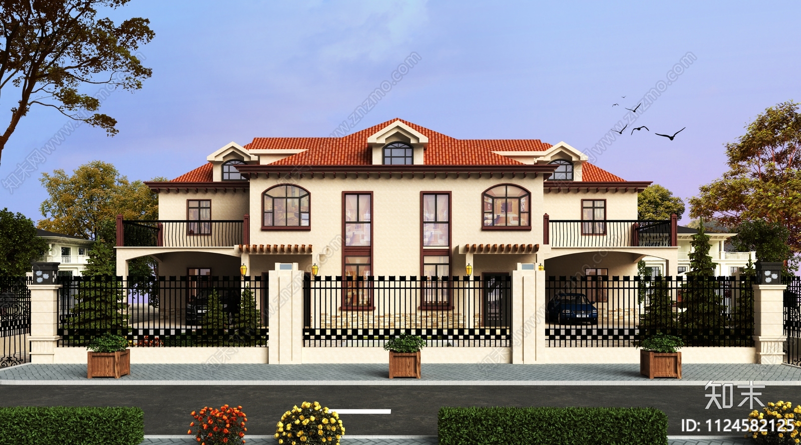 欧式二层双拼自建房施工图下载【ID:1124582125】